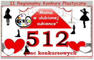 Plakat przedstawiający liczbę prac plastycznych, które wpłynęły na II Regionalny Konkurs Plastyczny w Gminnym Ośrodku Kultury w Herbach - 512 